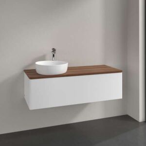 Villeroy und Boch Antao Waschtisch-Unterschrank K33052MT 120x36x50cm, Hahnloch, Waschbeckenplattenfarbe warm walnut, white matt lacquer