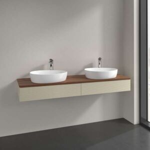 Villeroy und Boch Antao Waschtisch-Unterschrank L17152HJ mit Beleuchtung, 2 Auszüge, 1600 x 190 x 500 mm, Front mit Struktur, Silk Grey Matt Lacquer / Warm Walnut