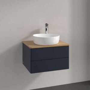 Meuble vasque Villeroy &amp; Boch Antao L18051HG avec éclairage, 2 tiroirs, 600 x 360 x 500 mm, façade lisse, laque mate bleu nuit / chêne miel