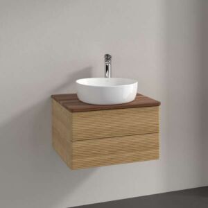 Meuble vasque Villeroy &amp; Boch Antao L18152HN avec éclairage, 2 tiroirs, 600 x 360 x 500 mm, façade texturée, Chêne miel / Noyer chaud