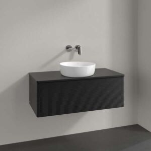 Villeroy &amp; Boch Antao vanity unit L31150PD with lighting, 1 drawer, 1000 x 360 x 500 mm, textured front, Black Matt Lacquer / Black Matt Lacquer