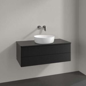 Villeroy und Boch Antao Waschtisch-Unterschrank L20110PD mit Beleuchtung, 2 Auszüge, 1000 x 360 x 500 mm, Front mit Struktur, Black Matt Lacquer / Black Matt Lacquer