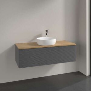 Villeroy &amp; Boch Antao vanity unit L32111GK with lighting, 1 drawer, 1200 x 360 x 500 mm, textured front, Anthracite Matt Lacquer / Honey Oak