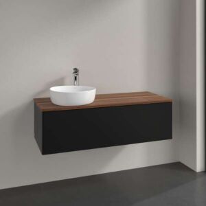 Meuble vasque Villeroy &amp; Boch Antao L33052PD avec éclairage, 1 tiroir, 1200 x 360 x 500 mm, façade lisse, laque noire mate / noyer chaud