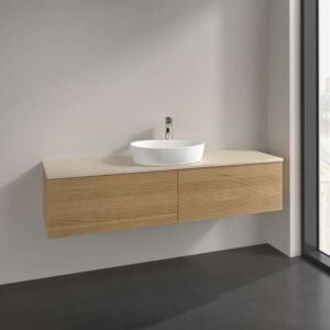 Villeroy und Boch Antao Waschtisch-Unterschrank L36153HN mit Beleuchtung, 2 Auszüge, 1600 x 360 x 500 mm, Front mit Struktur, Honey Oak / Botticino