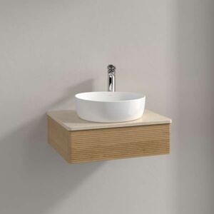 Meuble vasque Villeroy &amp; Boch Antao L07113HN avec éclairage, 1 tiroir, 600 x 190 x 500 mm, façade texturée, Chêne Miel / Botticino