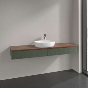 Meuble vasque Villeroy &amp; Boch Antao L14112HL avec éclairage, 2 tiroirs, 1600 x 190 x 500 mm, façade texturée, laque mate Vert Feuille / Noyer Chaud