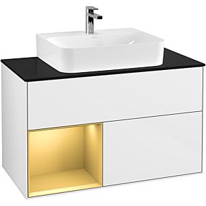 Villeroy und Boch Finion Waschtischunterschrank G112HFGF 100cm, Abdeckplatte black matt, Emotion, Regal links Gold matt, Glossy white lacquer
