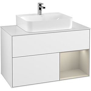 Villeroy et Boch Finion Villeroy et Boch G121HHGF 100cm, plaque de finition blanc mat, Emotion, étagère à droite Sand mat, laqué blanc brillant