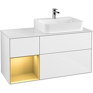 Villeroy et Boch Finion Villeroy et Boch G141HFGF 120cm, plaque de recouvrement blanc mat, Emotion, étagère gauche or mat, laqué blanc brillant