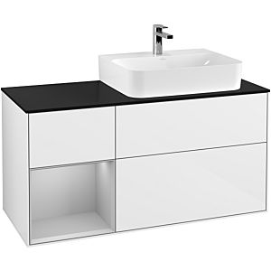 Villeroy und Boch Finion Waschtischunterschrank G142GJGF 120cm, Abdeckplatte black matt, Emotion, Regal links Light grey matt, Glossy white lacquer