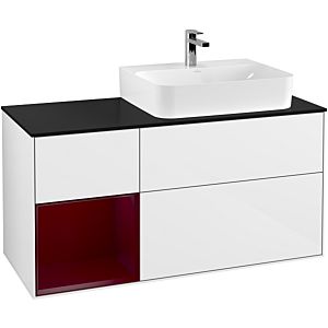 Villeroy und Boch Finion Waschtischunterschrank G142HBGF 120cm, Abdeckplatte black matt, Emotion, Regal links Peony, Glossy white lacquer