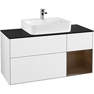 Villeroy et Boch Finion Villeroy et Boch G172GNGF 120cm, plaque de finition noir mat, Emotion, étagère à droite placage noyer, laqué blanc brillant