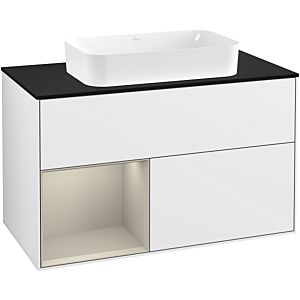 Villeroy und Boch Finion Waschtischunterschrank G242HHGF 100cm, Abdeckplatte black matt, Emotion, Regal links Sand Matt Lacquer, Glossy white lacquer