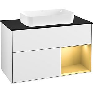 Villeroy et Boch Finion Villeroy et Boch G252HFGF 100cm, plaque de finition noir mat, Emotion, étagère droite or mat, laqué blanc brillant