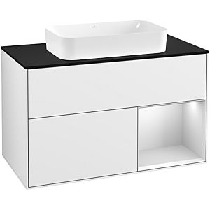 Villeroy et Boch Finion Villeroy et Boch G252MTGF 100cm, plaque de finition noir mat, Emotion, étagère à droite laqué blanc mat, laqué blanc brillant