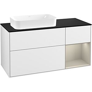 Villeroy und Boch Finion Waschtischunterschrank G282HHGF 120cm, Abdeckplatte black matt, Emotion, Regal rechts Sand Matt, Glossy white lacquer