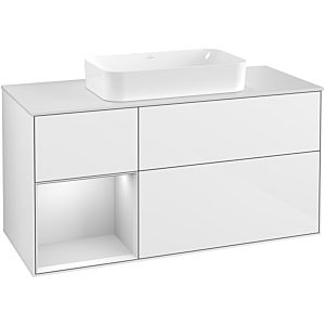 Villeroy et Boch Finion Villeroy et Boch G291MTGF 120cm, plaque de recouvrement blanc mat, Emotion, étagère gauche laqué blanc mat, laqué blanc brillant