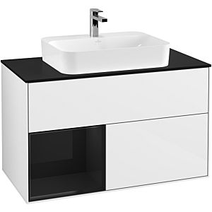 Villeroy und Boch Finion Waschtischunterschrank G362PHGF 100cm, Abdeckplatte black matt, Emotion, Regal links Glossy Black Lacquer, Glossy white lacquer