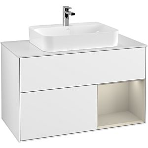 Villeroy und Boch Finion Waschtischunterschrank G371HHGF 100cm, Abdeckplatte white matt, Emotion, Regal rechts Sand Matt, Glossy white lacquer