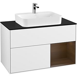 Villeroy und Boch Finion Waschtischunterschrank G372GNGF 100cm, Abdeckplatte black matt, Emotion, Regal rechts Walnut veneer, Glossy white lacquer