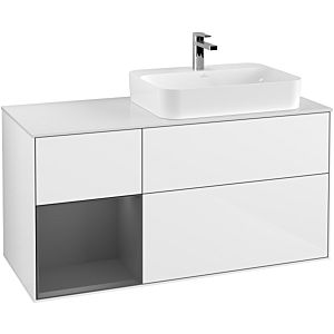 Villeroy und Boch Finion Waschtischunterschrank G391GKGF 120cm, Abdeckplatte white matt, Emotion, Regal links Anthracite matt, Glossy white lacquer