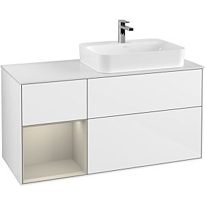 Villeroy und Boch Finion Waschtischunterschrank G391HHGF 120cm, Abdeckplatte white matt, Emotion, Regal links Sand Matt Lacquer, Glossy white lacquer