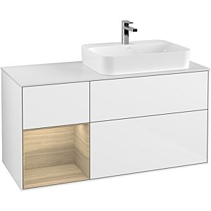 Villeroy und Boch Finion Waschtischunterschrank G391PCGF 120cm, Abdeckplatte white matt, Emotion, Regal links Oak Veneer, Glossy white lacquer