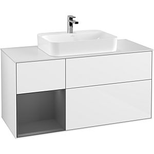 Villeroy und Boch Finion Waschtischunterschrank G411GKGF 120cm, Abdeckplatte white matt, Emotion, Regal links Anthracite matt, Glossy white lacquer