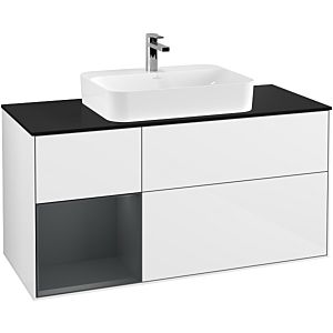 Villeroy und Boch Finion Waschtischunterschrank G412HGGF 120cm, Abdeckplatte black matt, Emotion, Regal links Midnight Blue Matt Lacquer, Glossy white lacquer