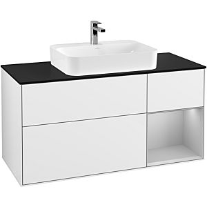 Villeroy und Boch Finion Waschtischunterschrank G422GJGF 120cm, Abdeckplatte black matt, Emotion, Regal rechts Light grey matt, Glossy white lacquer