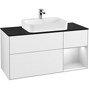 Villeroy et Boch Finion Villeroy et Boch G422MTGF 120cm, plaque de finition noir mat, Emotion, étagère à droite blanc mat, Laque blanc brillant