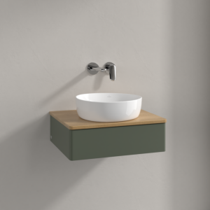 Meuble vasque Villeroy &amp; Boch Antao K07011HL 60 x 19 x 50 cm, plan vasque couleur chêne miel, laque mate vert feuille