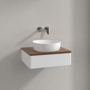 Meuble vasque Villeroy &amp; Boch Antao K07012MT 60 x 19 x 50 cm, plan vasque couleur noyer chaud, laque blanche mate