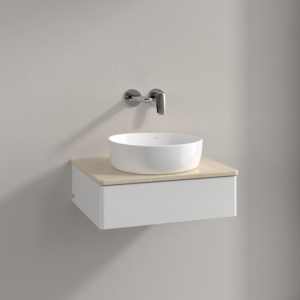 Meuble vasque Villeroy &amp; Boch Antao K07013GF 60 x 19 x 50 cm, plan vasque couleur Botticino, laque blanche brillante