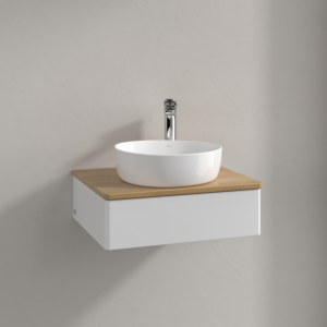 Meuble vasque Villeroy &amp; Boch Antao K07051GF 60 x 19 x 50 cm, percé pour robinetterie, plan vasque couleur chêne miel, laque blanche brillante