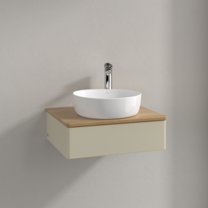 Meuble vasque Villeroy &amp; Boch Antao K07051HJ 60 x 19 x 50 cm, percé pour robinetterie, plan vasque couleur chêne miel, laque mate gris soie