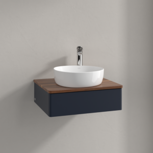 Meuble vasque Villeroy &amp; Boch Antao K07052HG 60 x 19 x 50 cm, percé pour robinetterie, plan vasque couleur noyer chaud, laque mate bleu nuit