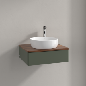 Villeroy und Boch Antao Waschtisch-Unterschrank K07052HL 60x19x50cm, Hahnloch, Waschbeckenplattenfarbe warm walnut, leaf green matt lacquer