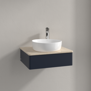Meuble vasque Villeroy &amp; Boch Antao K07053HG 60 x 19 x 50 cm, percé pour robinetterie, plan vasque couleur Botticino, laque mate bleu nuit