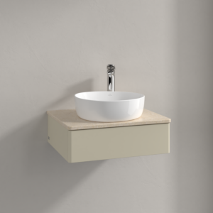 Meuble vasque Villeroy &amp; Boch Antao K07053HJ 60 x 19 x 50 cm, percé pour robinetterie, plan vasque couleur Botticino, laque mate gris soie