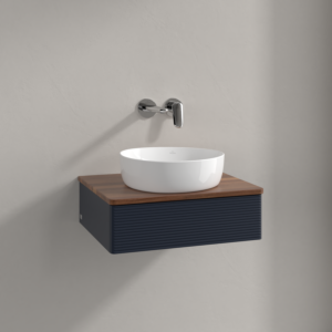 Meuble vasque Villeroy &amp; Boch Antao K07112HG 60 x 19 x 50 cm, plan vasque couleur noyer chaud, laque mate bleu nuit