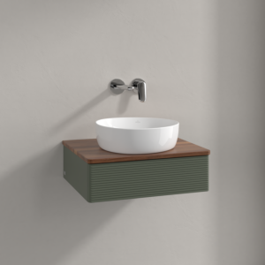 Meuble vasque Villeroy &amp; Boch Antao K07112HL 60 x 19 x 50 cm, plan vasque couleur noyer chaud, laque mate vert feuille