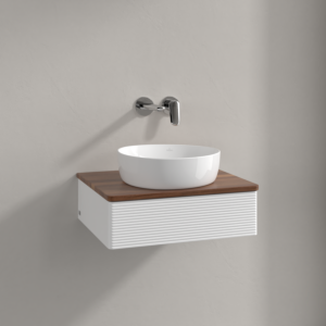 Meuble vasque Villeroy &amp; Boch Antao K07112MT 60 x 19 x 50 cm, plan vasque couleur noyer chaud, laque blanche mate