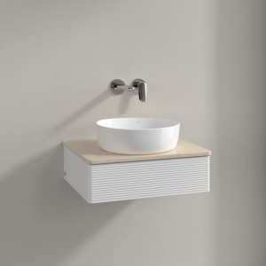 Meuble vasque Villeroy &amp; Boch Antao K07113GF 60 x 19 x 50 cm, plan vasque couleur Botticino, laque blanche brillante