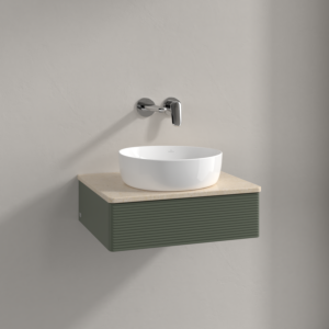 Meuble vasque Villeroy &amp; Boch Antao K07113HL 60 x 19 x 50 cm, plan vasque couleur Botticino, laque mate vert feuille