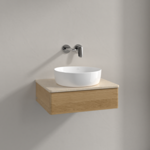 Meuble vasque Villeroy &amp; Boch Antao K07113HN 60 x 19 x 50 cm, plan vasque couleur Botticino, chêne miel