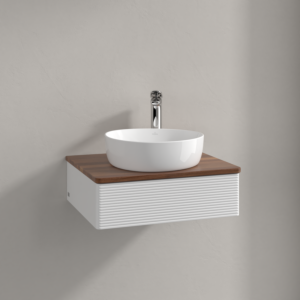 Meuble vasque Villeroy &amp; Boch Antao K07152GF 60 x 19 x 50 cm, percé pour robinetterie, plan vasque couleur noyer chaud, laque blanche brillante