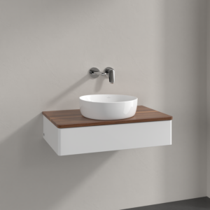 Meuble vasque Villeroy &amp; Boch Antao K08012GF 80 x 19 x 50 cm, plan vasque couleur noyer chaud, laque blanche brillante