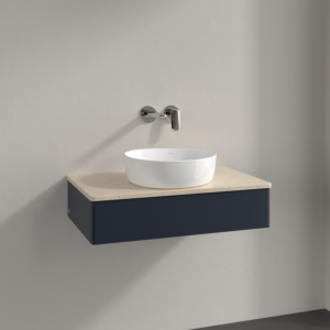 Meuble vasque Villeroy &amp; Boch Antao K08013HG 80 x 19 x 50 cm, plan vasque couleur Botticino, laque mate bleu nuit